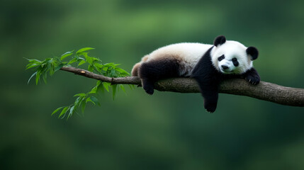 cute panda resting on tree branch, surrounded by greenery