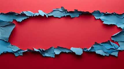 Torn blue paper frame on red background, design template