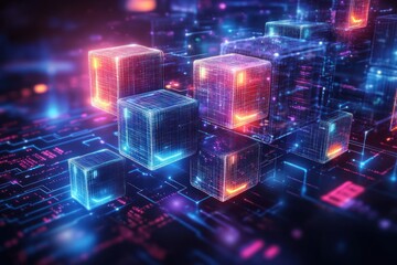 Fototapeta premium Futuristic Blockchain Concept with Digital Cubes and Neon Colors in 3D Space
