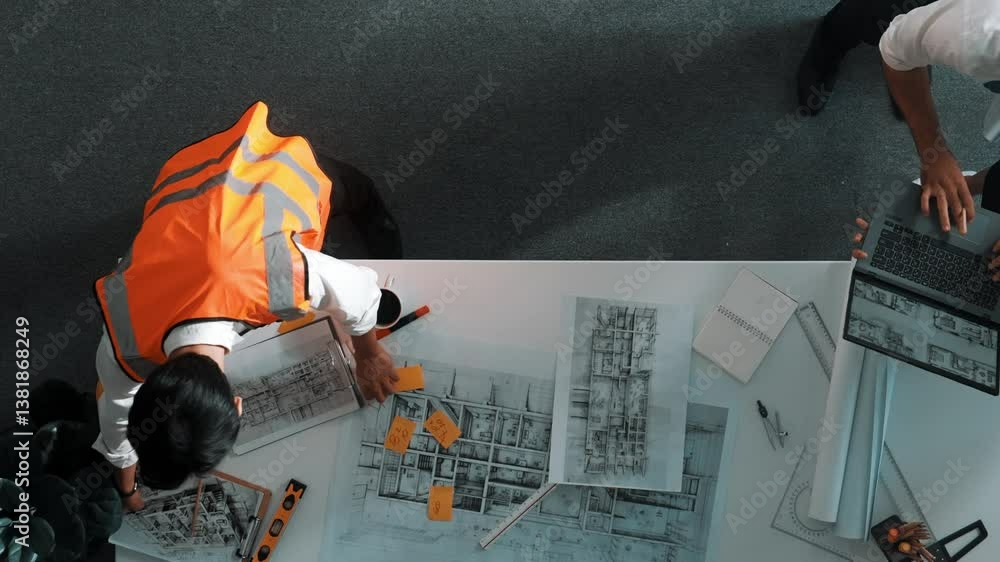 Poster top down view of project manager and civil engineer hold laptop while explain idea to architect. aer