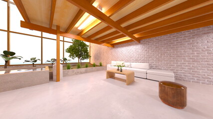 大きな窓があるリビングルーム　3DCGレンダリング