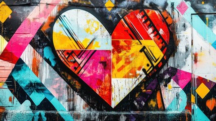 Vibrant street art mural of an abstract heart with geometric patterns and graffiti on downtown Los Angeles buildings, showcasing colorful urban creativity in high-resolution detail.