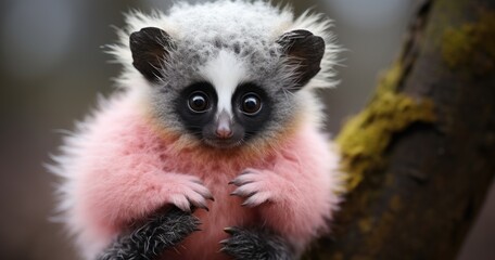 Fototapeta premium a baby of not real animal that looks like a mix of lemur and raccoon with big yellow eyes and tiny ears and round face and brown color of body and fluffy black and white 