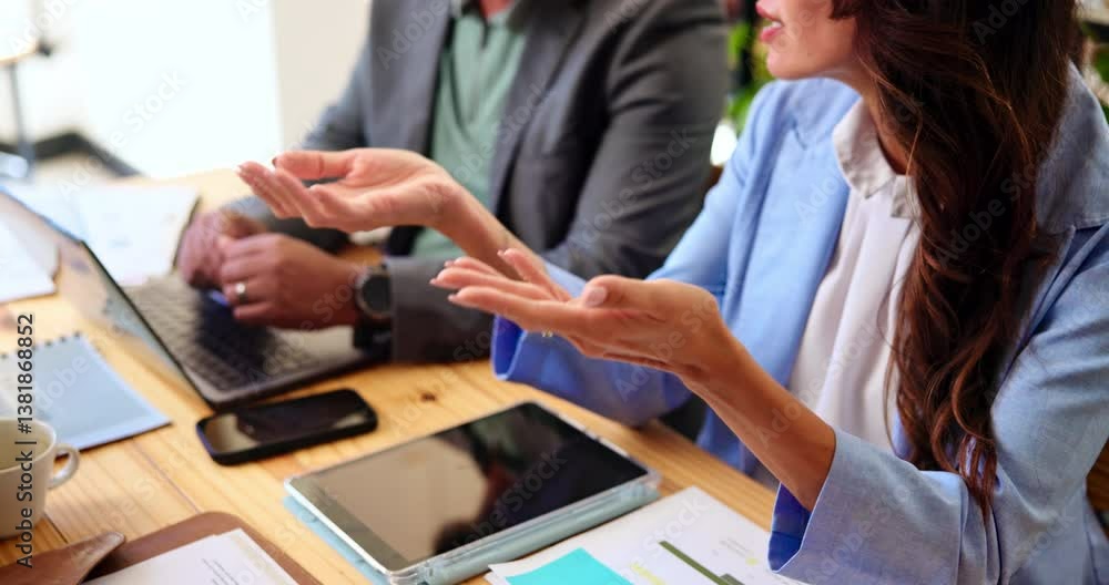 Poster hands, meeting and business people with cafe communication, b2b networking or collaboration intervie