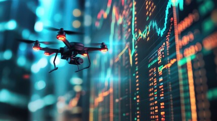 A drone with a camera hovers over stock market charts, showcasing a dynamic trading concept in ultra-realistic detail, with cinematic lighting and a shallow depth of field.