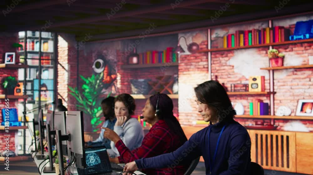 Poster call center senior engineer arriving at work, using ai, helping customers regain access to accounts.