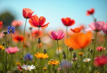 Fototapeta premium Mixed Wildflowers Blooming Under Bright Sunlight