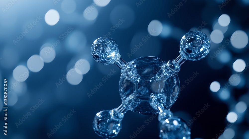 Poster abstract molecular structure with transparent spheres on blurred background