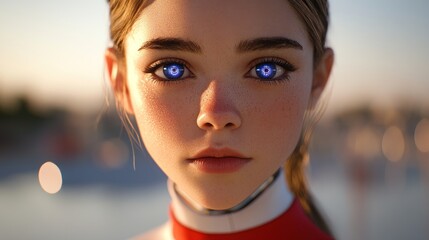 Futuristic Humanoid with Glowing Eyes and Advanced Technology Interface