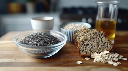 Chia seed bread with oats and honey on wooden table