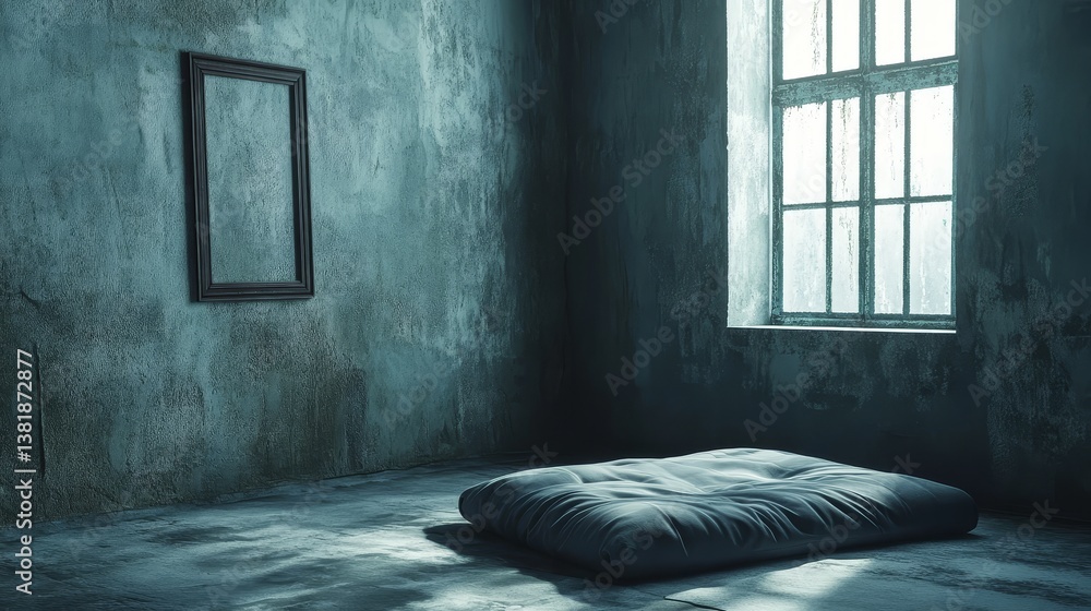 Poster empty dilapidated room with mattress and window in dim light