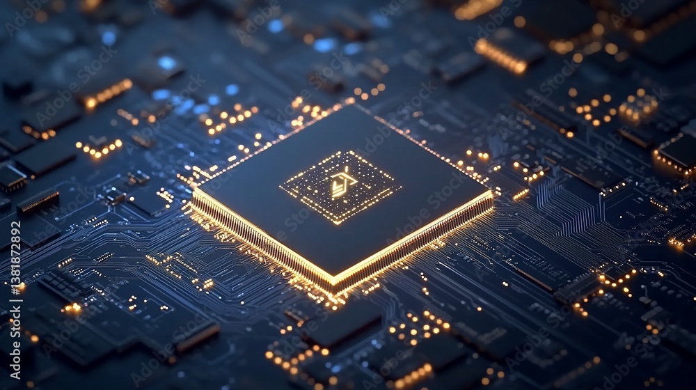Poster detailed view of a computer chip on a circuit board with glowing connections