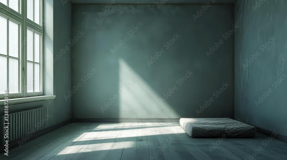 Poster sunlit empty room with single mattress and large window creating minimalist atmosphere