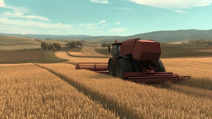 Fototapeta premium Harvester in Action Red Agricultural Machine Cutting Golden Wheat Field Under Blue Sky
