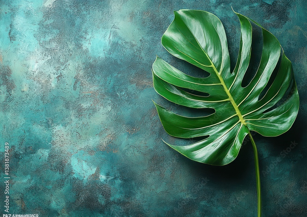 Poster modern minimalist 3d tropical leaf display on stone podium with soft natural lighting and green back