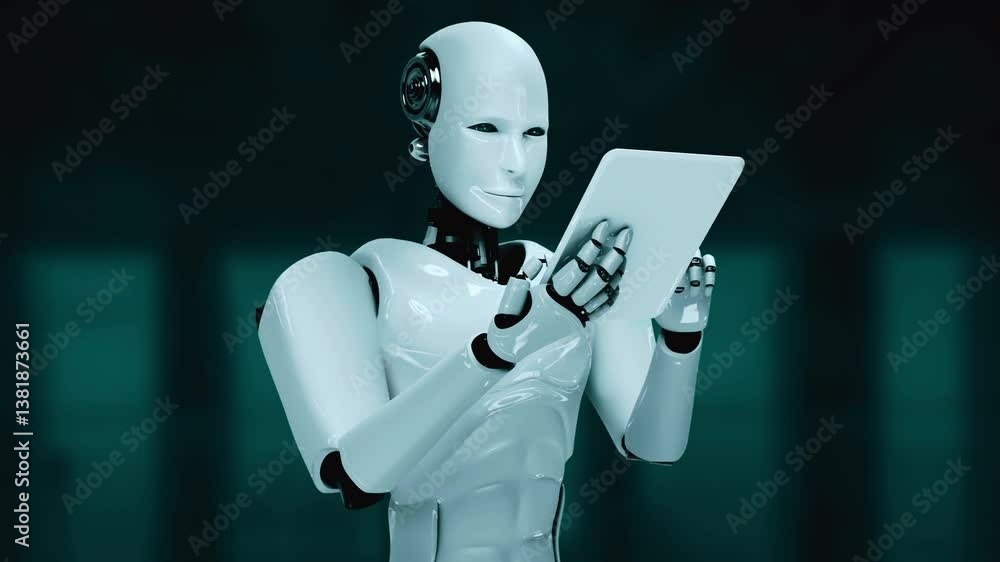 Poster robot hominoid using tablet computer for big data analytic using ai thinking brain , artificial inte