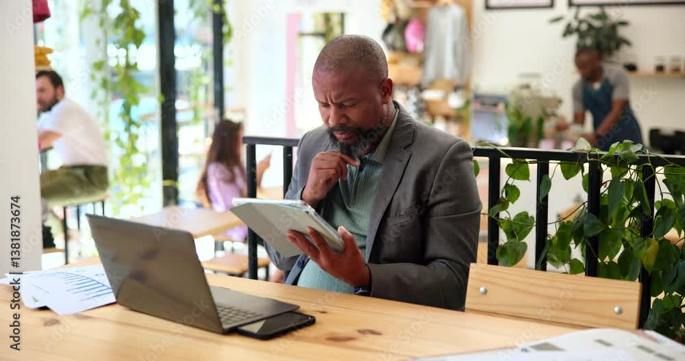 Poster Tablet, thinking and business man in cafe for investment insight, idea and financial metrics. Technology, coffee shop and freelancer reading email for remote work, problem solving or trading decision