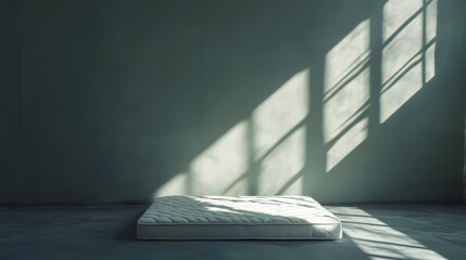 Fototapeta premium Minimalist empty room with sunlit mattress on concrete floor