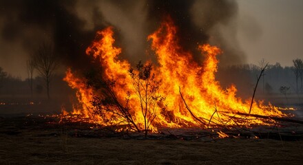 Raging wildfire engulfs dry vegetation in rural landscape. Environmental disaster and climate change impact. Forest fire destruction threatening ecosystem and wildlife habitat