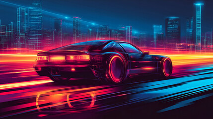 Obraz premium Retro car speeding through neon city at night