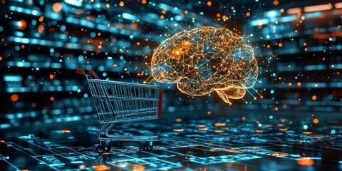 Ai-enhanced shopping: digital brain and shopping cart in futuristic retail scene