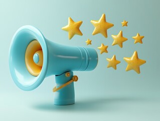 Blue Megaphone with Speech Bubble and Five Gold Stars for Customer Feedback and Reviews Online