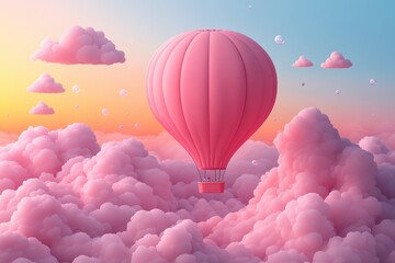 Fototapeta premium Pink Hot Air Balloon in Sky with Soft Clouds and Stars on Pastel Blue Background