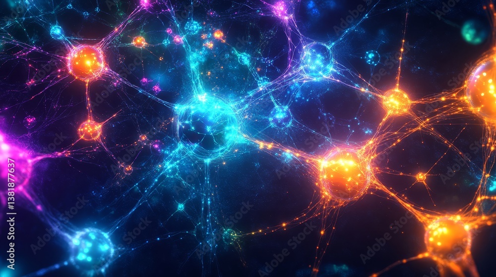 Poster colorful neural network visualization with glowing connections