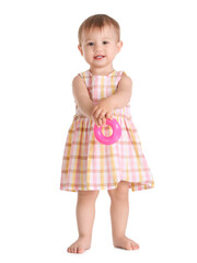 Cute baby with toy on white background