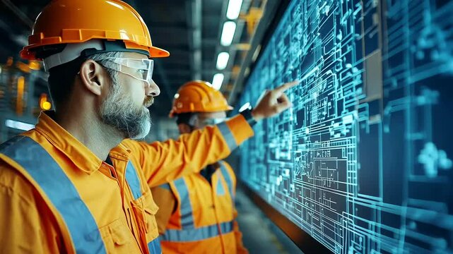 Two construction workers examining digital blueprints on a large screen in a busy industrial setting