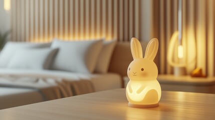 Soft bunny night light adds warmth and charm to modern bedroom decor in cozy home setting.