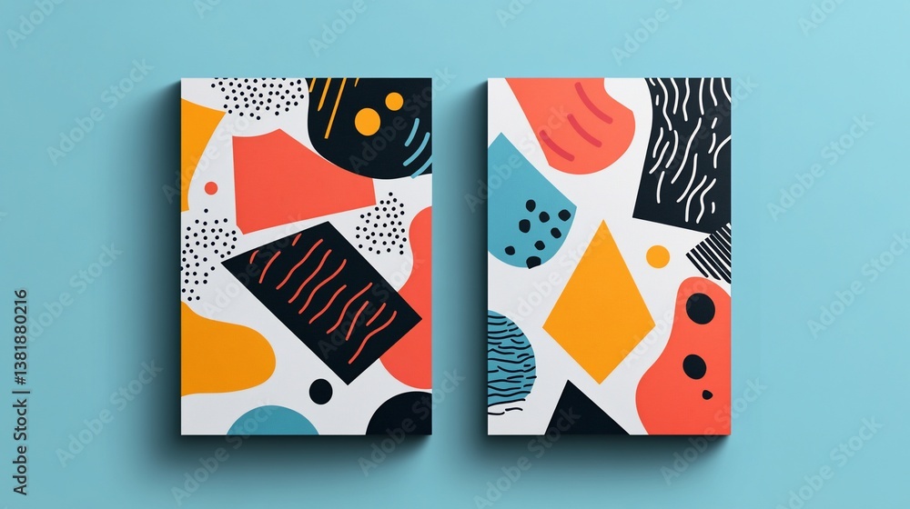 Poster two abstract posters with geometric shapes and patterns on light blue background