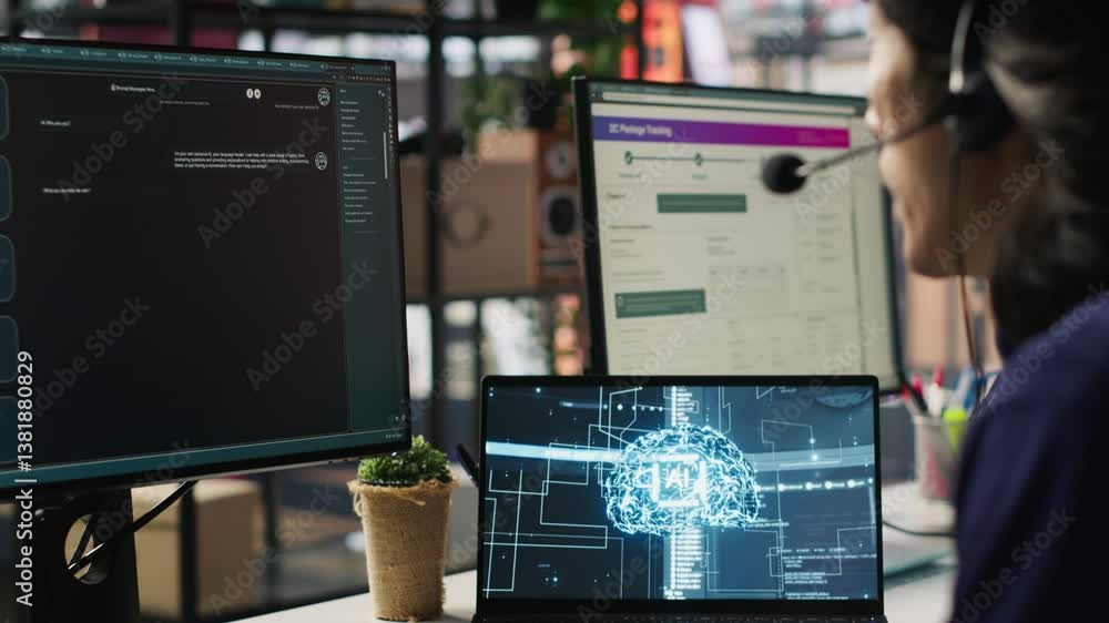 Poster customer center employee uses artificial intelligence llm assistant to locate clients packages. call
