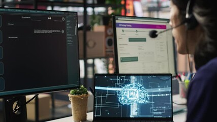 Customer center employee uses artificial intelligence LLM assistant to locate clients packages. Call center agents track shipments in office, using AI chatbot to generate solutions, camera A