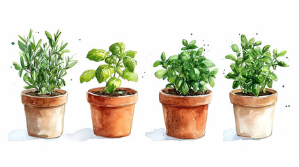 Four potted herbs rosemary, basil, oregano, mint.  Kitchen garden illustration