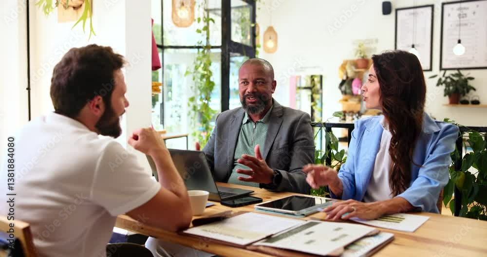 Poster cafe, meeting and business people with collaboration, b2b networking or interview discussion. human 