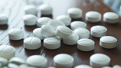 White Fentanyl Tablets Scattered Across A Wooden Table Surface, Highlighting The Serious Issues Of Opioid Addiction And Prescription Drug Misuse Affecting Individuals And Communities.