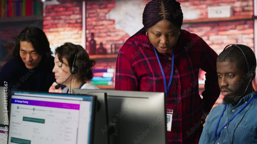 Poster smiling multiethnic technical support team in diverse call center office doing troubleshooting. chee