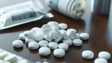 White Fentanyl Tablets Scattered Across A Wooden Table Surface, Highlighting The Serious Issues Of Opioid Addiction And Prescription Drug Misuse Affecting Individuals And Communities.
