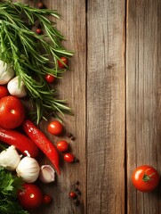 Fresh herbs and vegetables on rustic wooden table