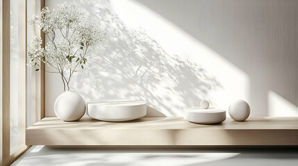 Minimalist interior, sunlight, wooden shelf, white decor, serene scene, home design