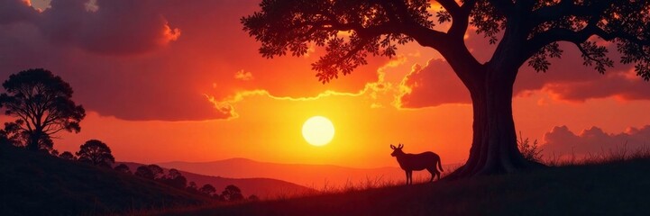 Animal silhouette on tree bark against sunset sky, sunsets, natural landscapes, trees