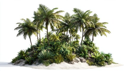Tropical island with palm trees on a white background, hyper-realistic and intricately detailed, featuring dynamic lighting and sharp focus, in a vibrant style.