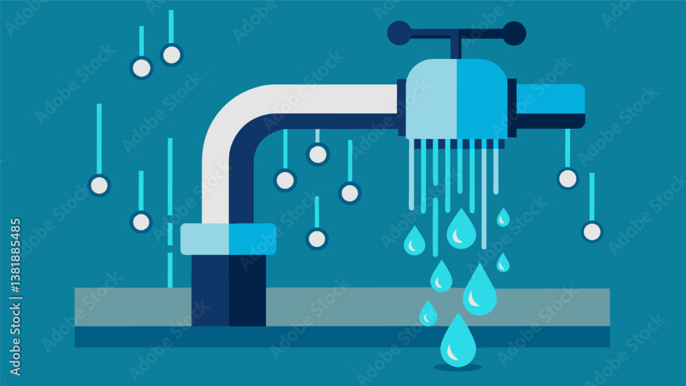 Poster a malfunctioning faucet with data leaking out like water droplets.. vector illustration