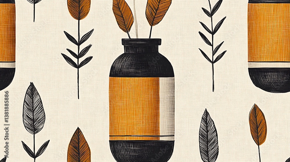 Poster abstract illustration of vases and botanical elements forming a pattern