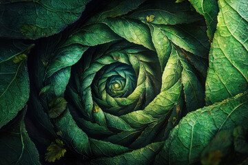 Obraz premium A mesmerizing spiral of vibrant green leaves forms natural pattern, evoking sense of tranquility and beauty of evergreen foliage