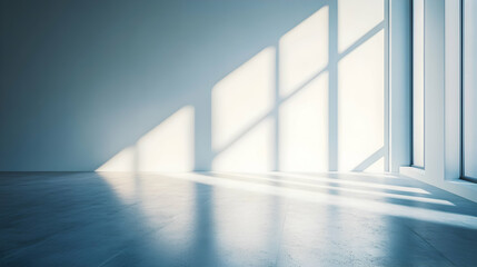 Obraz premium Sunlit empty room, concrete floor, window view, modern interior design, architectural photography
