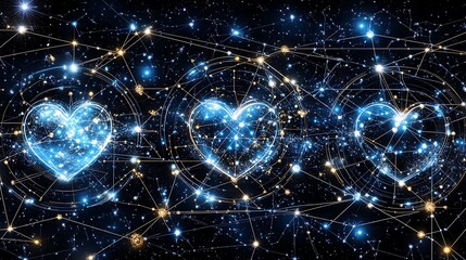 Three illuminated hearts surrounded by a network of lines and stars