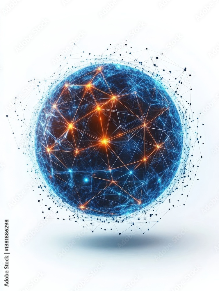 Poster abstract digital sphere with glowing connections and cosmic elements on a white background, represen