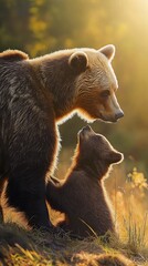 Obraz premium Mother Bear and Cub in Golden Hour: Capturing Tenderness and Wildlife Photography in Nature's Forest